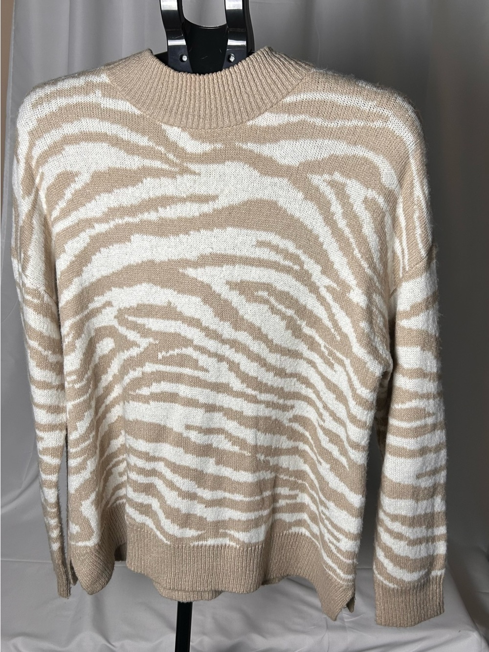 Maurices Beige and White Zebra-Print Crewneck Sweater